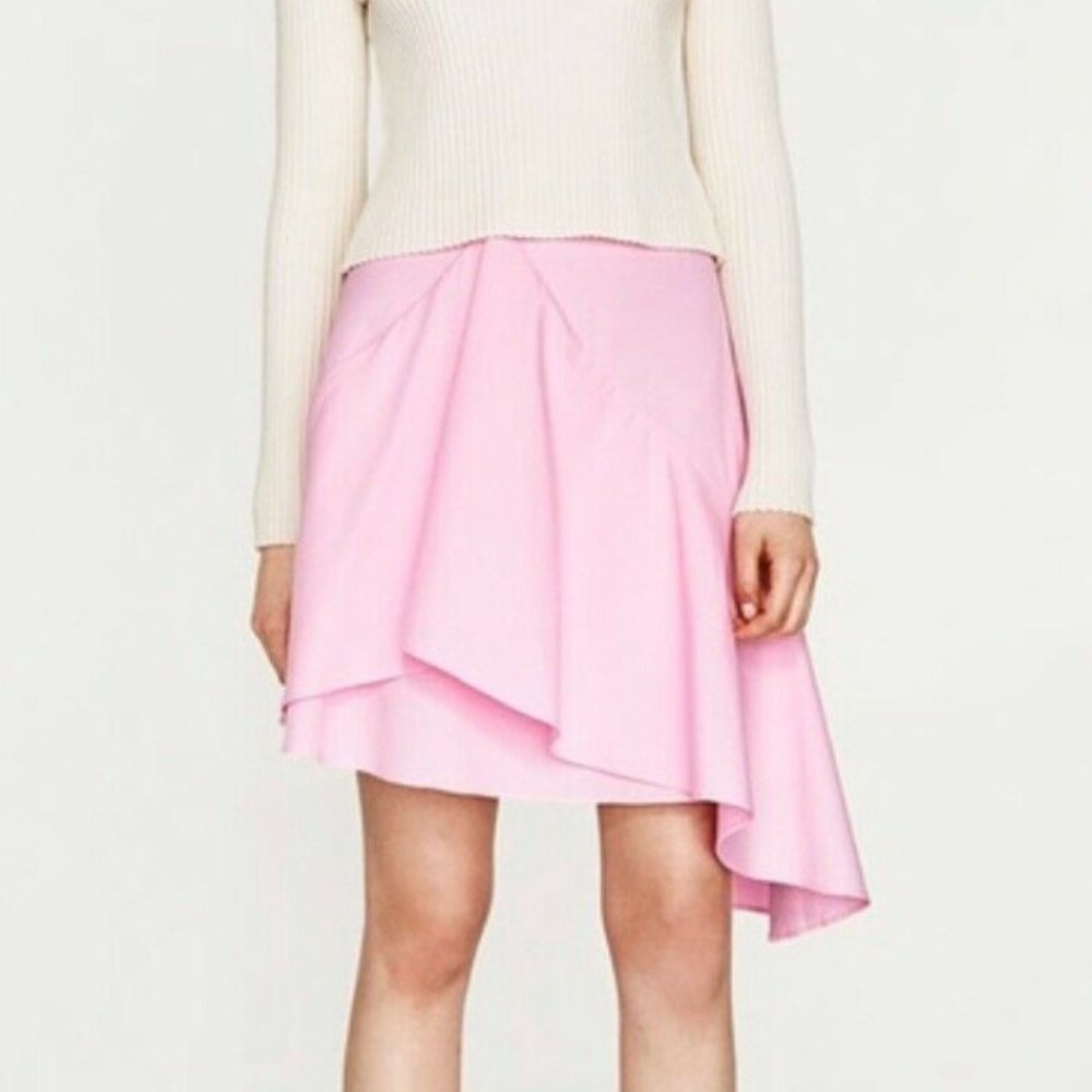 Zara Pink Cotton Skirt with Asymetric Ruffles and Side Zipper